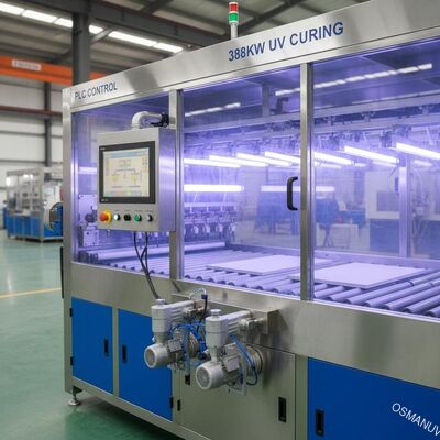 एमडीएफ बोर्ड 388kw यूवी लाइट क्योरिंग स्प्रे कोटिंग मशीन पीएलसी कंट्रोल कैल्शियम सिलिकेट बोर्ड
