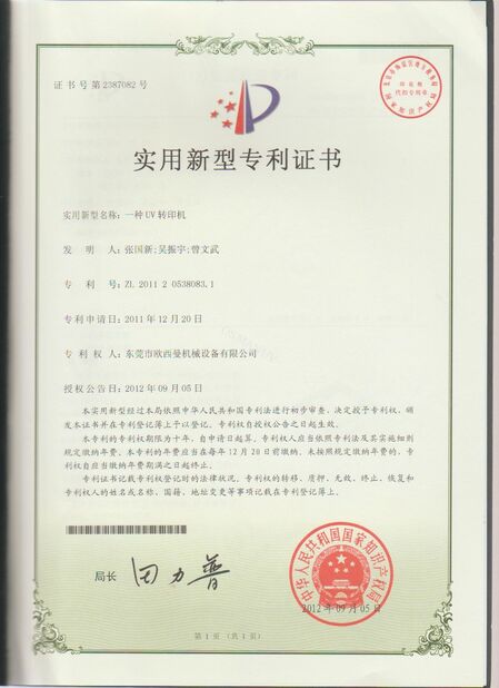 चीन Dongguan Osmanuv Machinery Equipment Co., Ltd प्रमाणपत्र